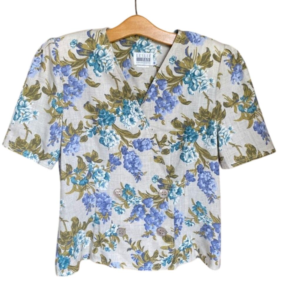 Vintage double breasted Leslie Fay Cream blue floral wrap Blouse button close 8